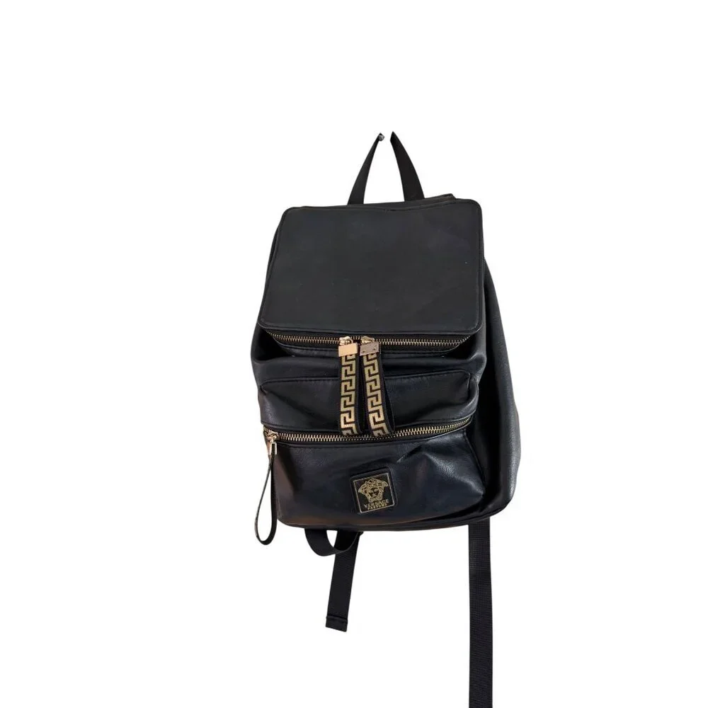 Versace Parfums Mens Faux Leather Black Backpack with Gold Details Modern
